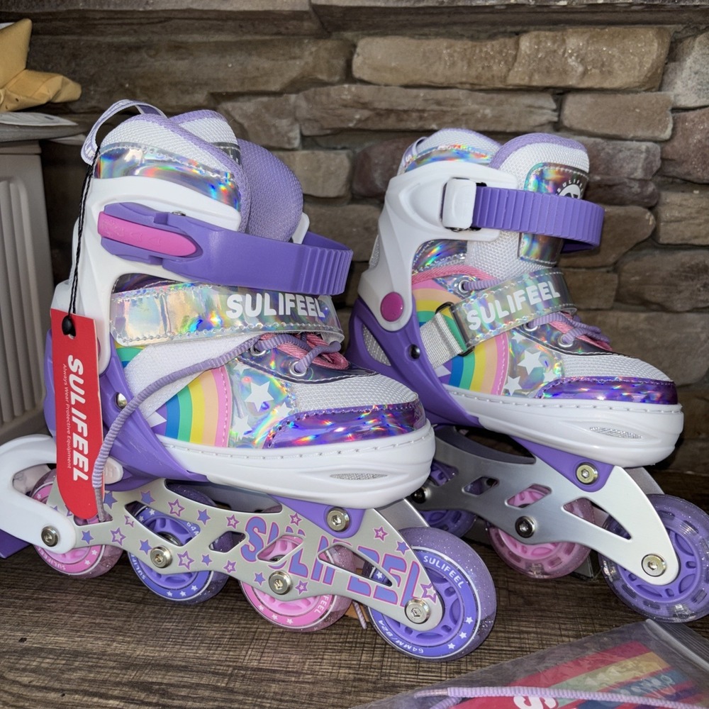 SULIFEEL Rainbow Unicorn Small Size Adjustable Light up Roller Skates for Girls